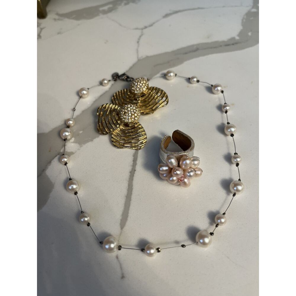 Vtg Lot Carolee Faux Pearl Necklace Ring OS, Butterfly Rhinestone Clip Earrings